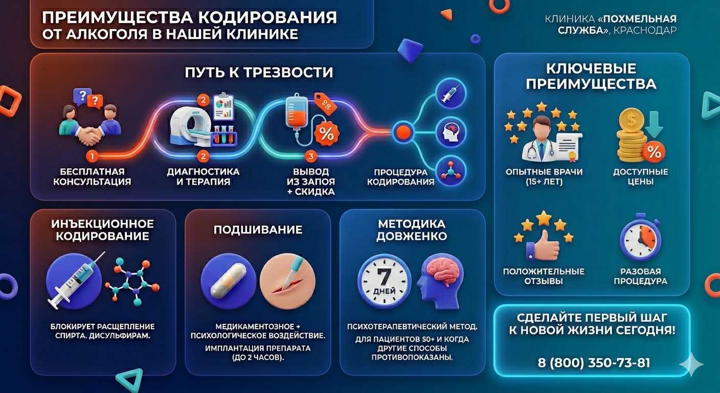 Инфографика о методах кодирования от алкоголя в Каменке-Днепровской: инъекции, подшивание, метод Довженко. Преимущества клиники и этапы лечения.