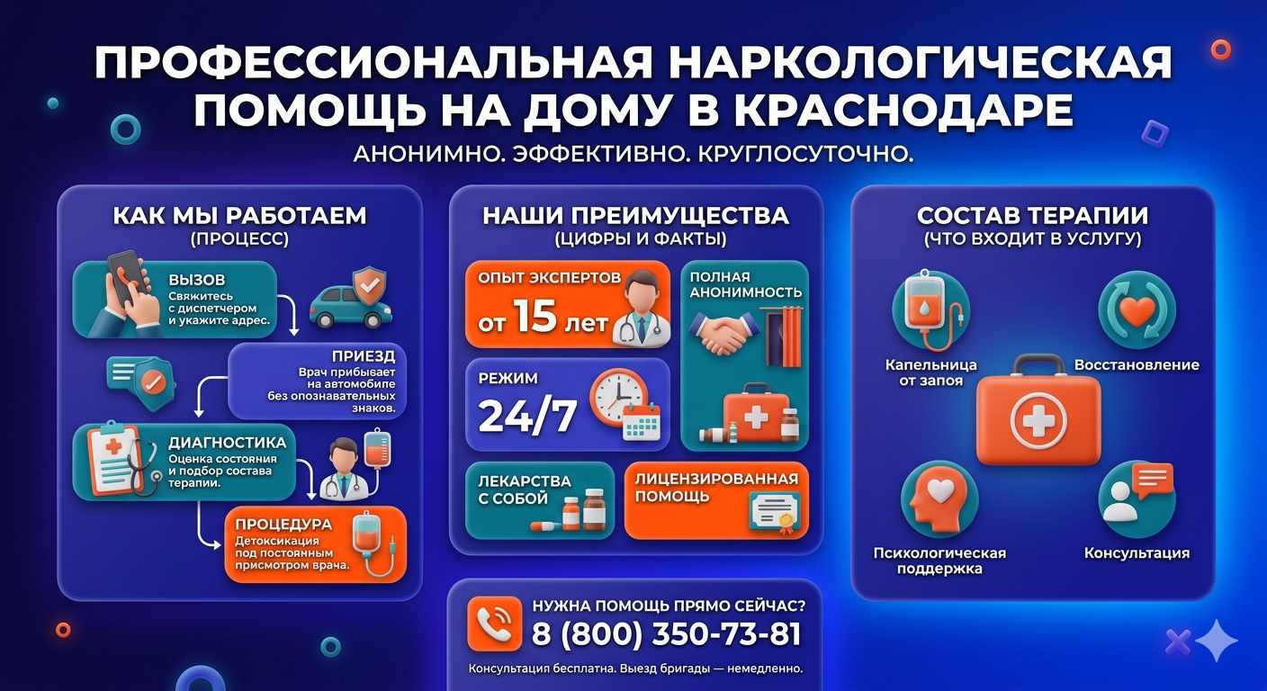 Инфографика о принципах лечения алкоголизма на дому в Каменке-Днепровской: этапы вызова нарколога, преимущества анонимной детоксикации и состав медицинской помощи.